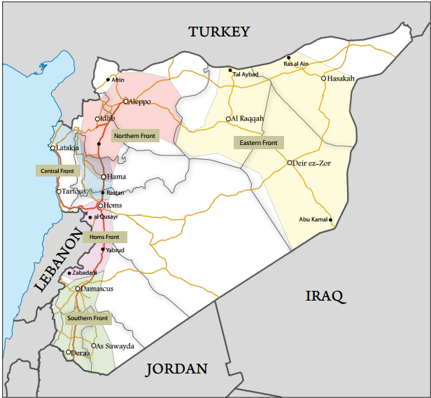A map of the Five Fronts command, an early effort at rebel unification that split the country into five strategic zones. The Sahel or Coast Front is also called the Central Front
