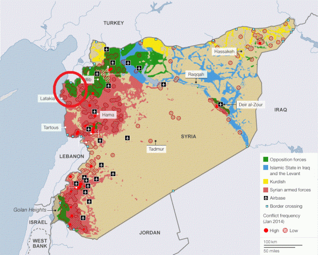 Map of the areas of control by various armed actors on the ground inside Syria. Circled zone the area of insurgent-held territory in Latakia.