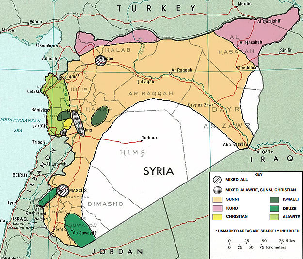 Demographic Map of Syria. Note particularly the concentration of Alawis on the coast.