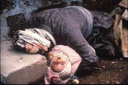 The most infamous photograph from the chemical weapons attack on Halabja, a woman who has tried to shield her baby from the poison gas