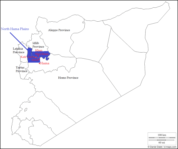 Rough map of the area of Hama currently experiencing the heaviest fighting. It is concentrated on the North Hama Plains that spill into Idlib Province and on the three labelled urban centres, excluding Hama City.