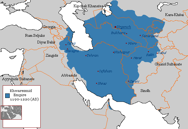 The extent of the Khorazmian Empire, 1190 to 1220, after the Khorazmshah conquered the Great Seljuk Empire centred in Isfahan.
