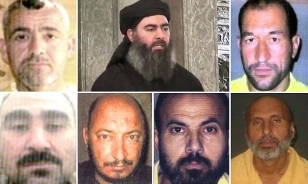 From top left clockwise: Fadel al-Hiyali, Ibrahim al-Badri (Abu Bakr al-Baghdadi), Adnan al-Bilawi, Samir al-Khlifawi (Haji Bakr), Adnan as-Suwaydawi (Abu Ayman al-Iraqi), Hamid az-Zawi (Abu Omar al-Baghdadi), Abu Hajr as-Sufi