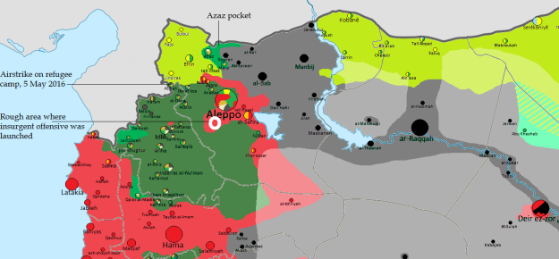 Key: Red (regime), Green (rebels and Jabhat al-Nusra), Yellow-Green (Kurdish PYD), Black (Islamic State). [Original map by Thomas van Linge]